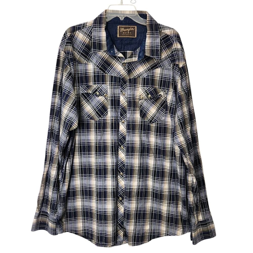 WRANGLER RETRO SHIRT MENS 2XLT XXL BLUE PLAID PEARL SNAP WESTERN COWBOY TRUCKER